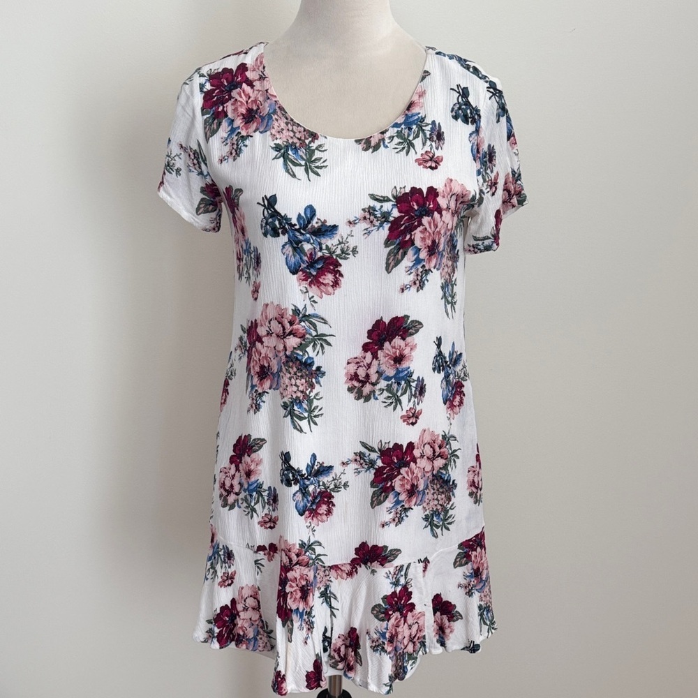 White Floral Scoop-Neck Mini Dress with Pink & Blue Blooms